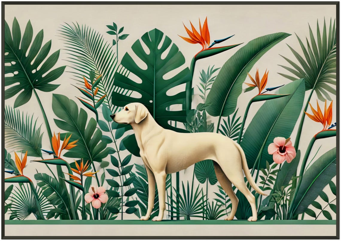 Yellow Labrador Retriever Tropical Botanical Garden Art Poster