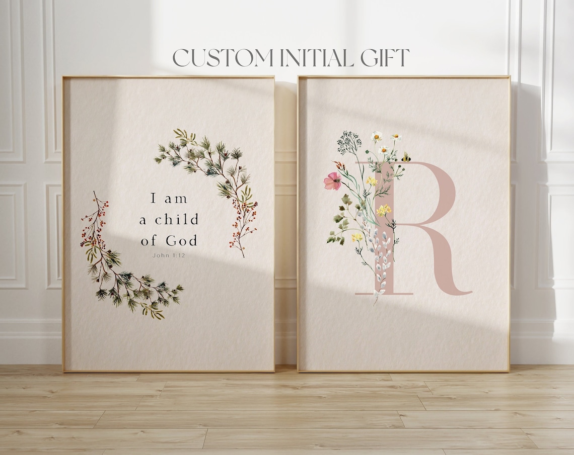 Custom Nursery Initial Floral Letter Print Set I Am a Child of God