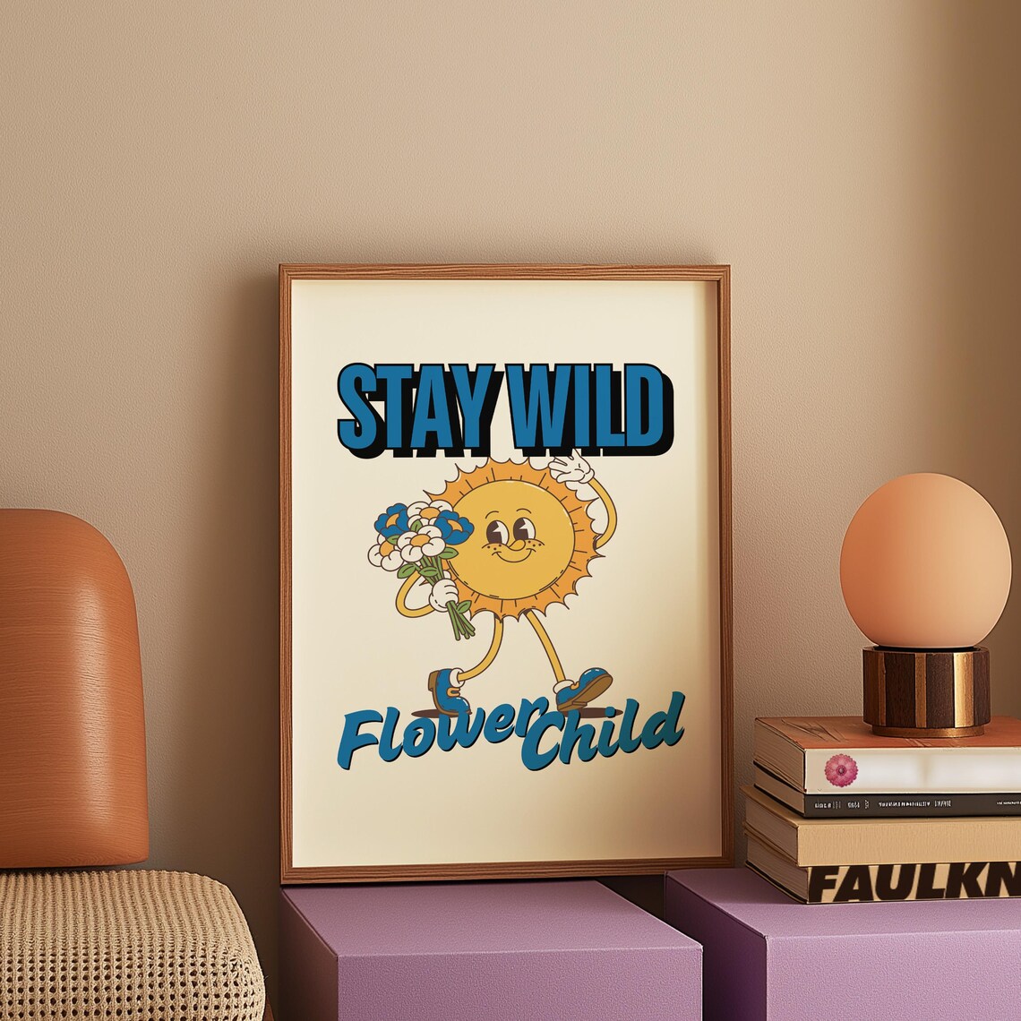 Stay Wild Flower Child Retro Sun Cartoon Blue Yellow Groovy Poster - Image 2