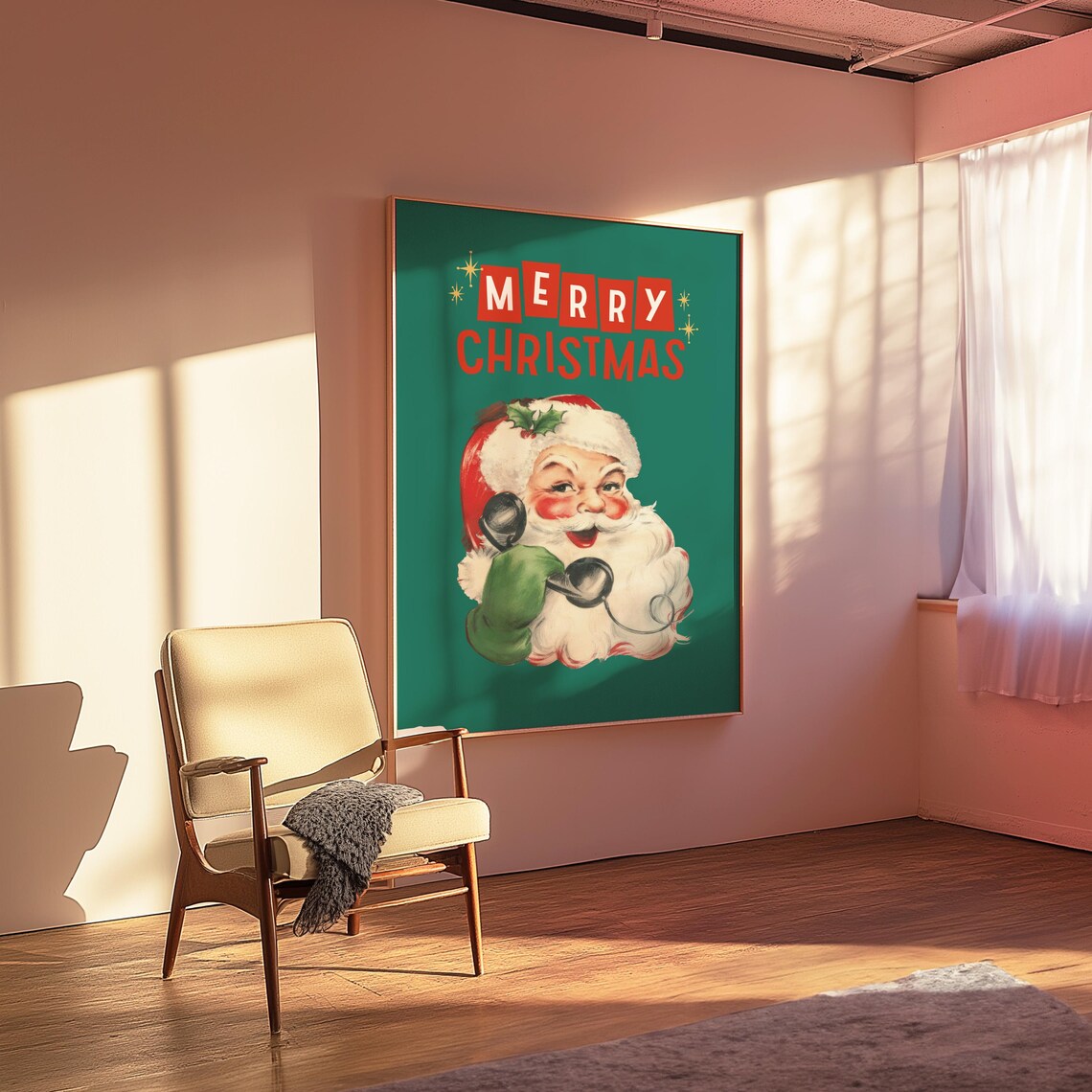 Merry Christmas Santa Poster Vintage Santa on Telephone Green Art - Image 2