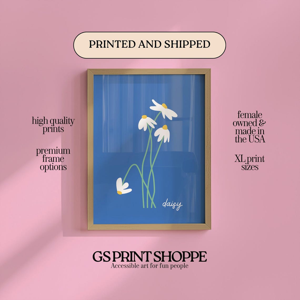 White Daisy Flowers Blue Background Minimal Floral Script Wall Art