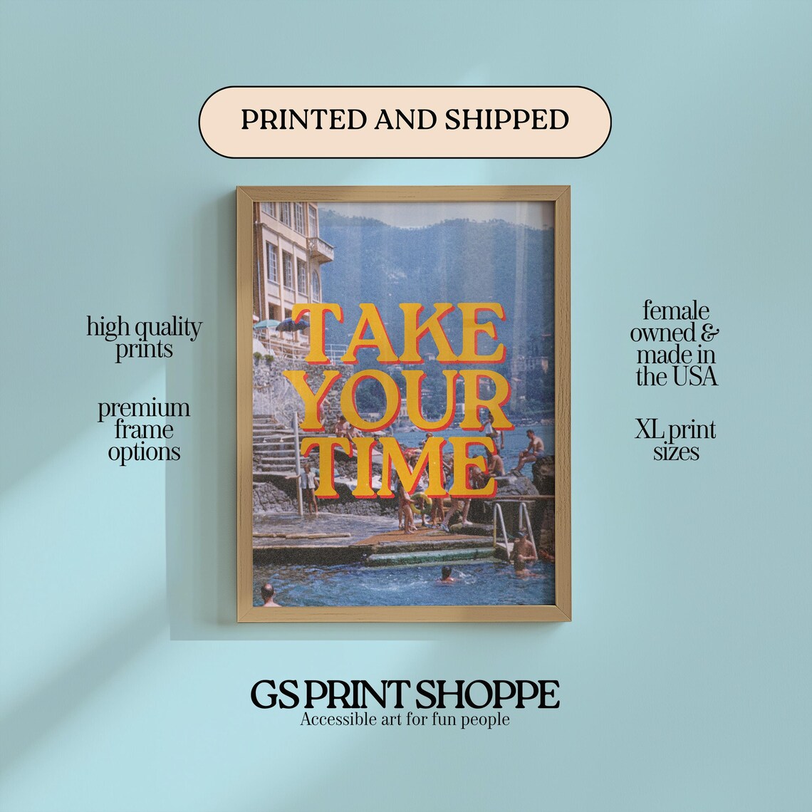 Take Your Time Retro Beach Swimmers Photo Bold Typography Art Poster
