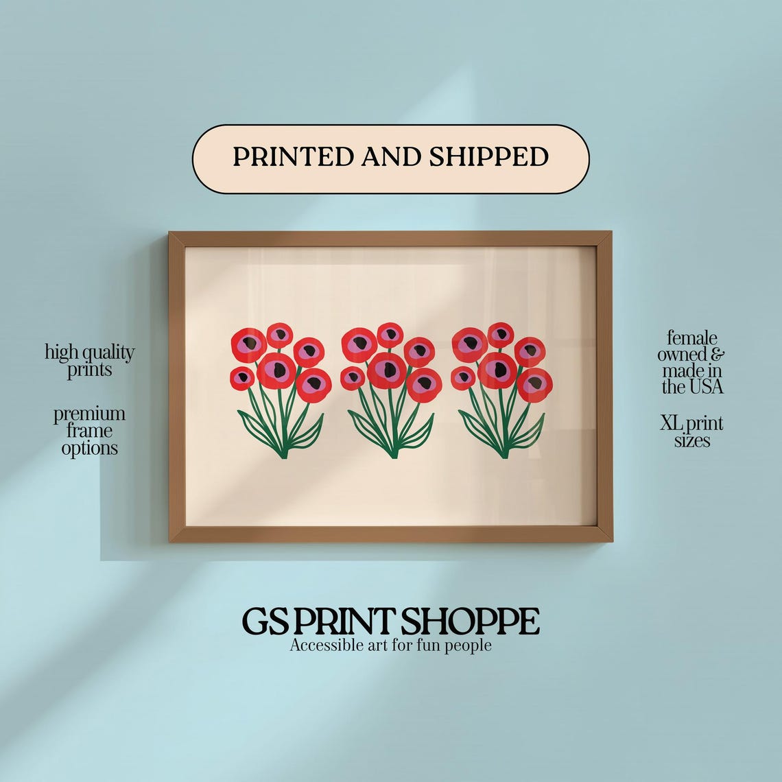 Red Poppies Trio Flat Botanical Modern Floral Minimal Art Poster