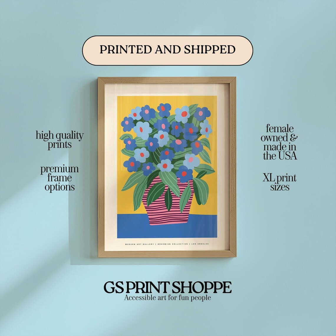 Blue Flowers Pink Striped Vase Bohemian Bouquet Floral Art Poster