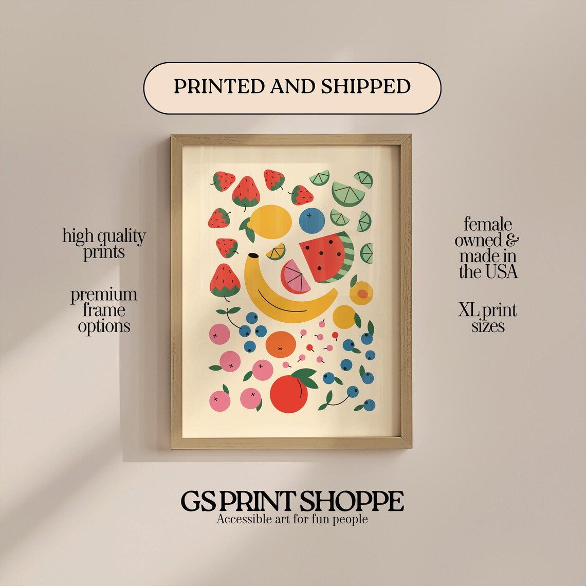 Cheerful Fruit Illustration Watermelon Banana Kitchen Art Poster
