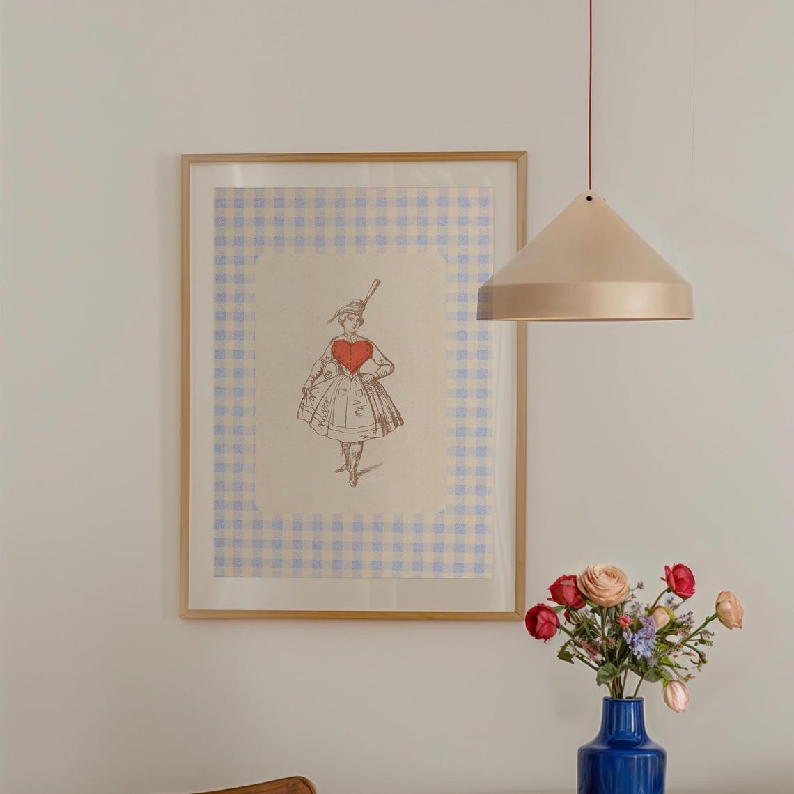 Queen of Hearts Playing Card Vintage Illustration Blue Gingham Print