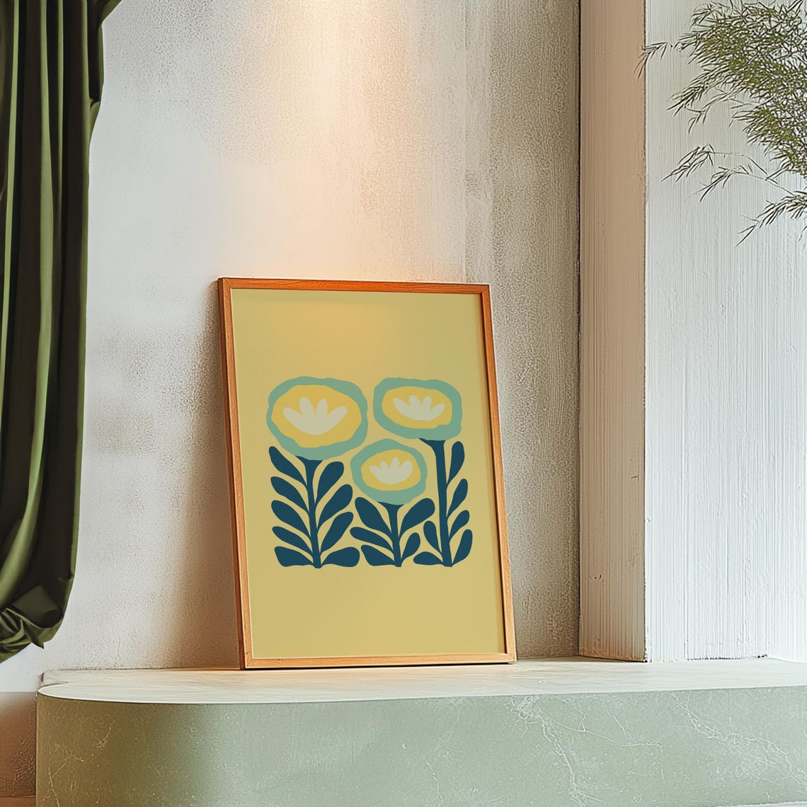 Yellow Abstract Flower Trio Sunny Blue Stems Botanical Art Poster