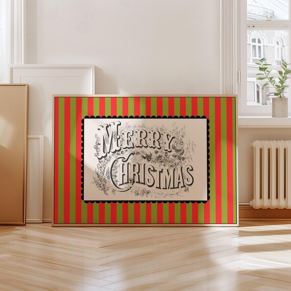 Merry Christmas Victorian Engraving Striped Retro Holiday Poster