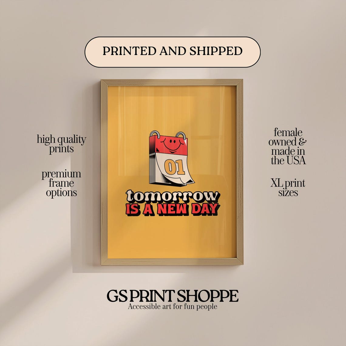 Tomorrow Is A New Day Smiling Calendar Retro Mustard Quote Poster