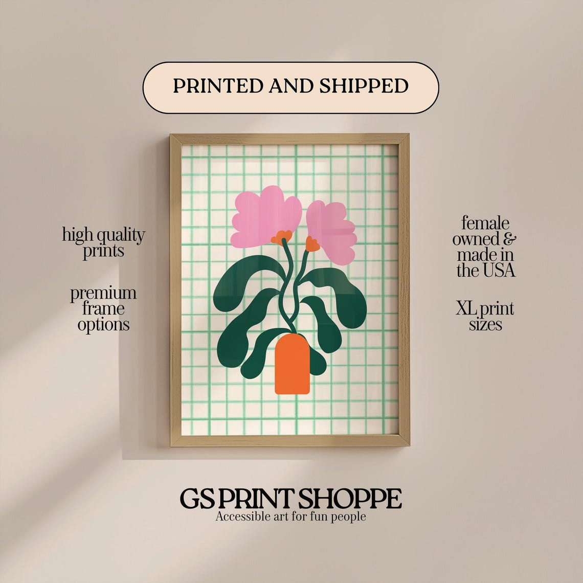 Pink Tulips In Orange Vase Green Grid Playful Botanical Poster