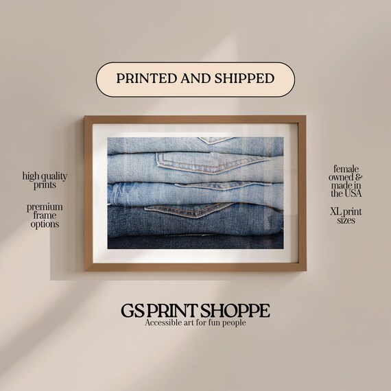 Folded Denim Jeans Stack Close Up Photography Print Indigo Blue Layers