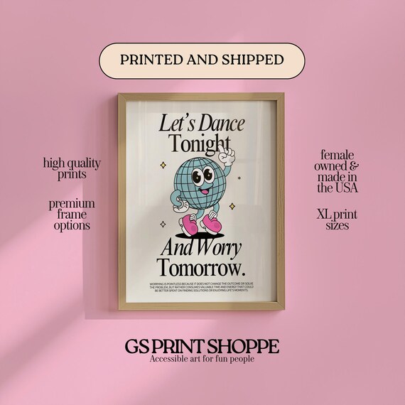 Let's Dance Tonight Cute Disco Ball Retro Quote Cartoon Art Poster