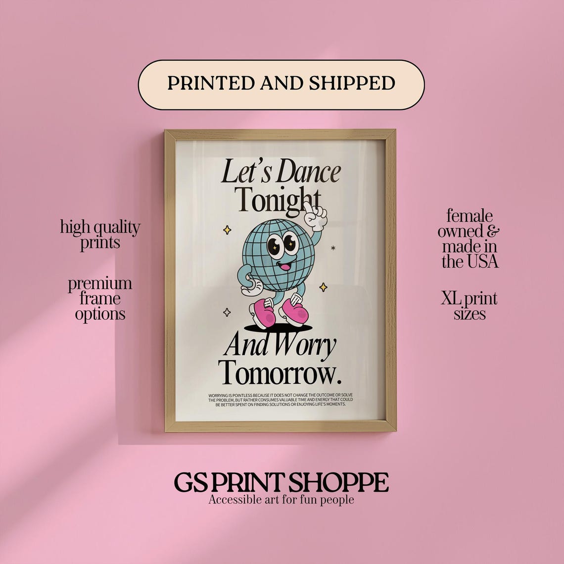 Let's Dance Tonight Cute Disco Ball Retro Quote Cartoon Art Poster