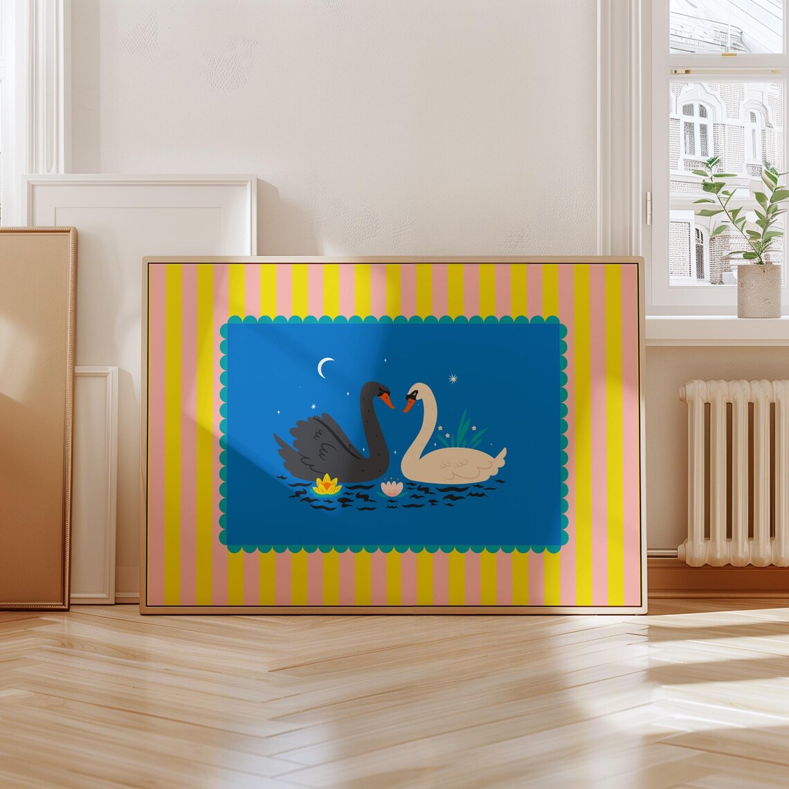 Black And White Swans Night Lake Moon Maximalist Colorful Art Poster - Image 2