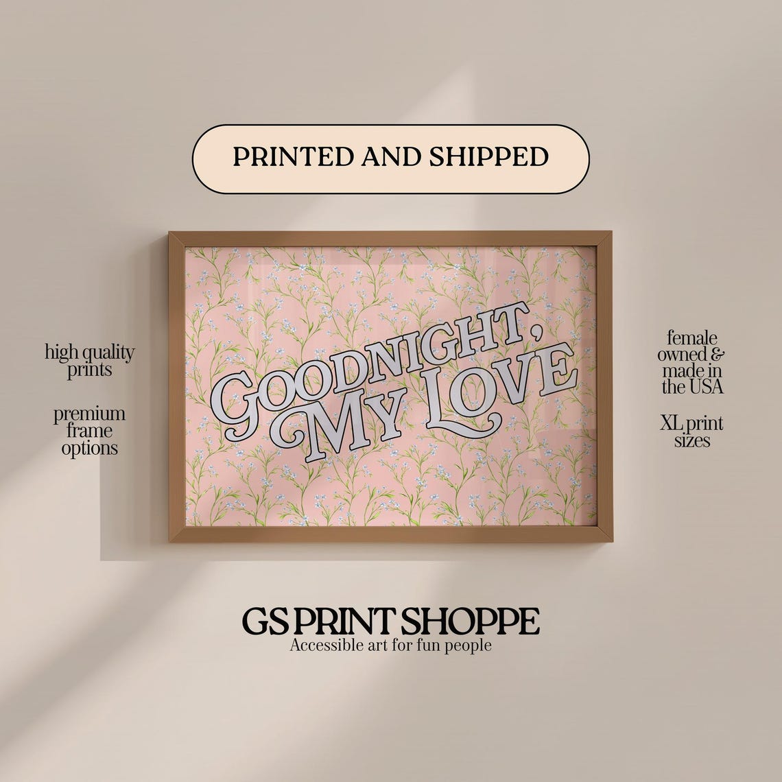 Goodnight My Love Script Lettering on Pink Floral Background Poster