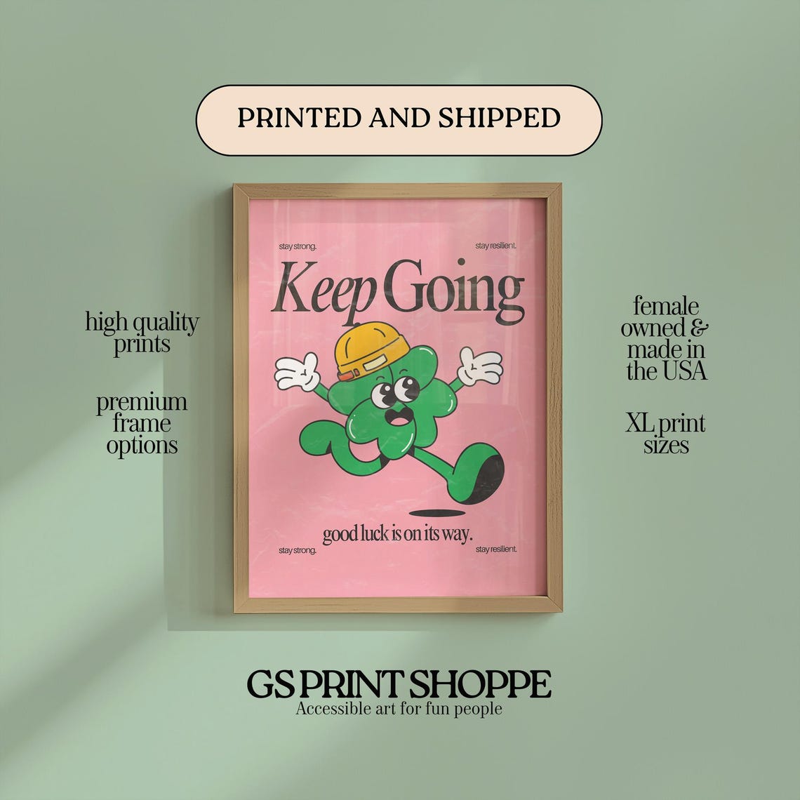 Keep Going Pink Clover Good Luck Motivational Quote Wall Art