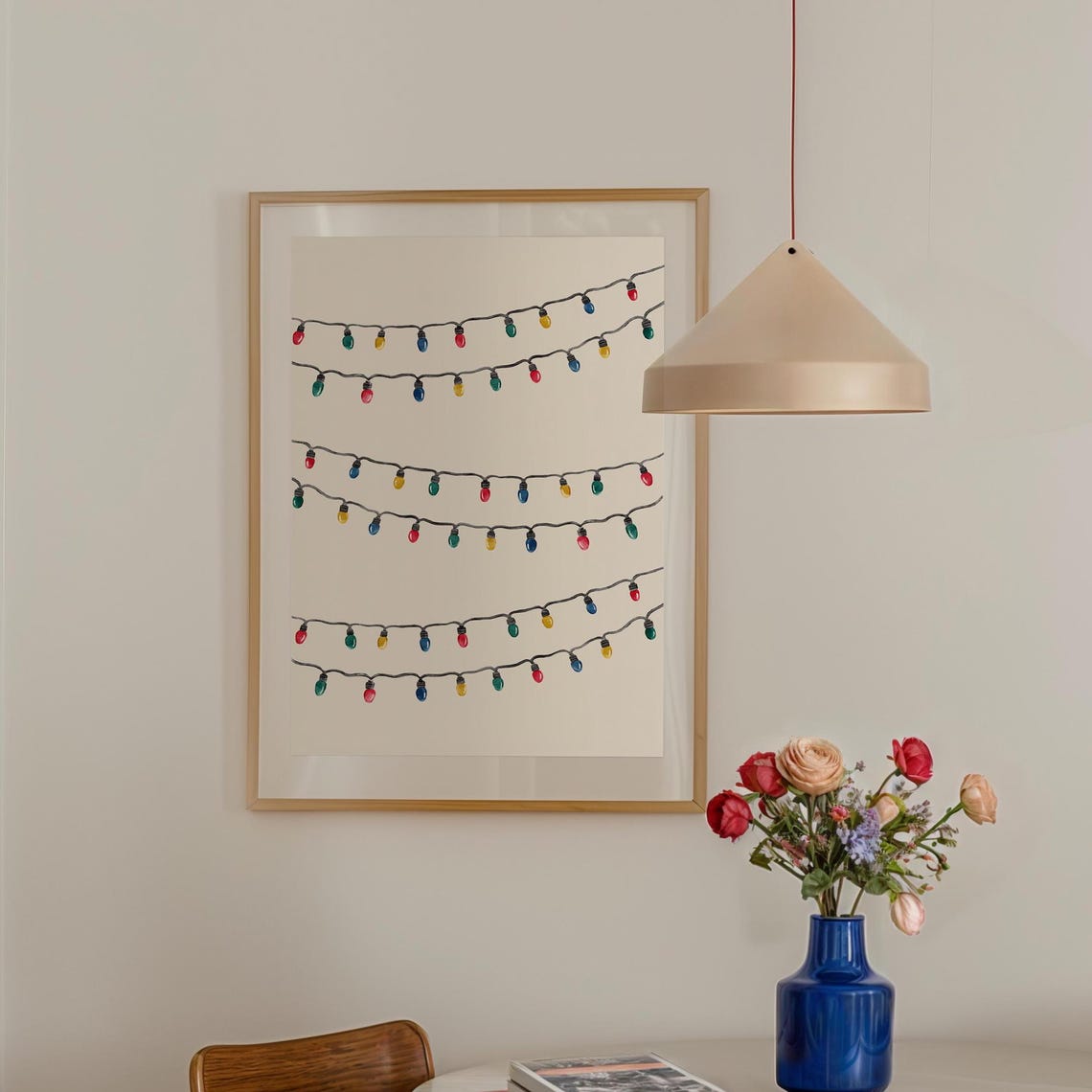 Retro Christmas String Lights Colorful Bulbs Minimalist Art Print