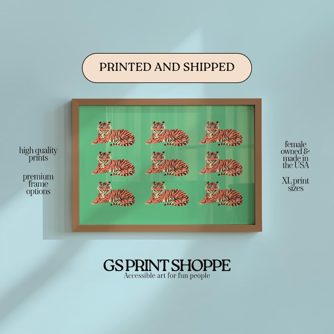 Nine Tigers Green Pop Art Repeat Horizontal Animal Lover Art Print