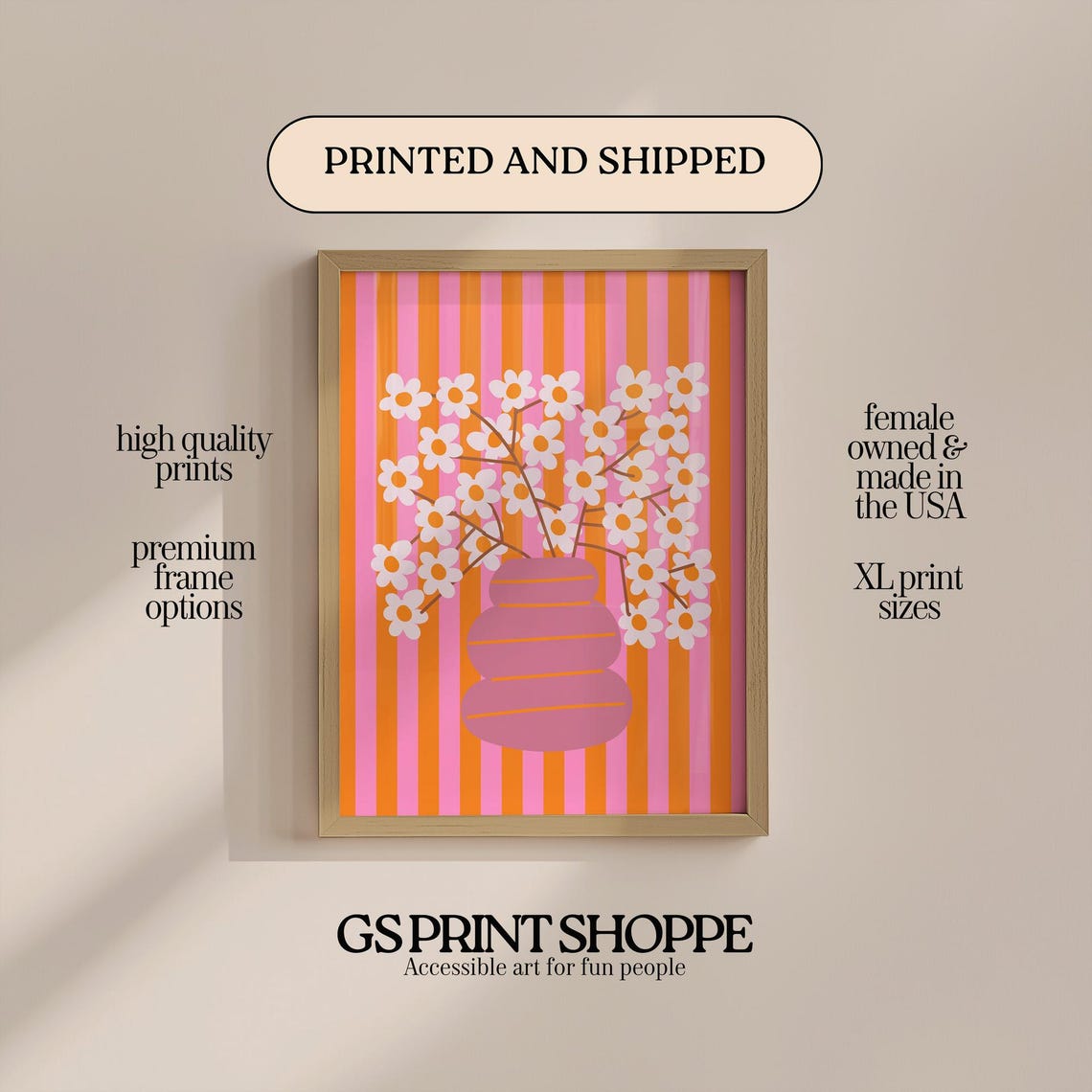 White Daisy Bouquet Pink Vase Bold Orange Stripes Retro Floral Poster