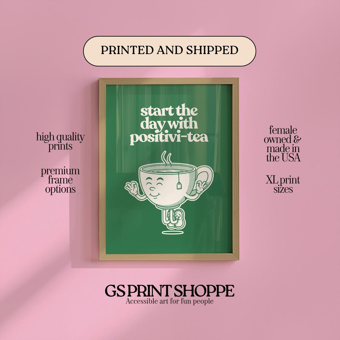 Start The Day With Positivi Tea Green Cheerful Tea Cup Poster