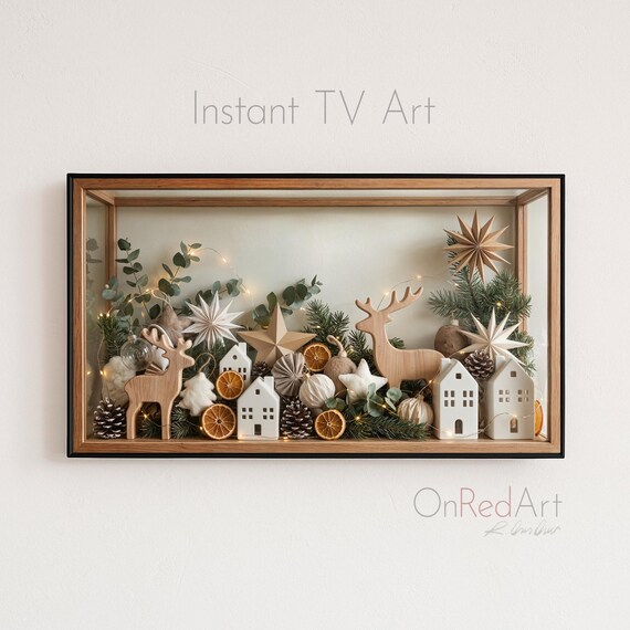 Nordic Reindeer Christmas Village Shadowbox Rustic Holiday Art Poster