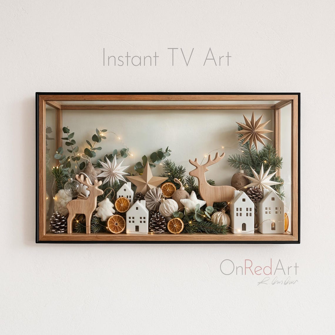 Nordic Reindeer Christmas Village Shadowbox Rustic Holiday Art Poster