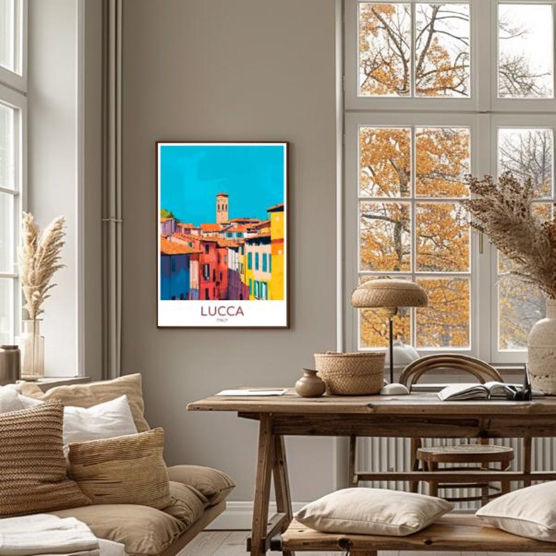 Lucca Italy Colorful Old Town Rooftops Bell Tower Travel Poster - Image 4