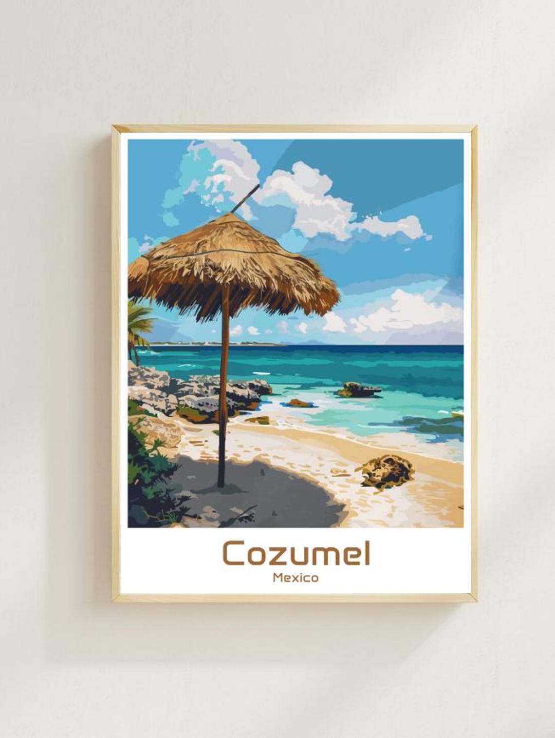 Cozumel Mexico Tropical Beach Thatched Umbrella Caribbean Poster