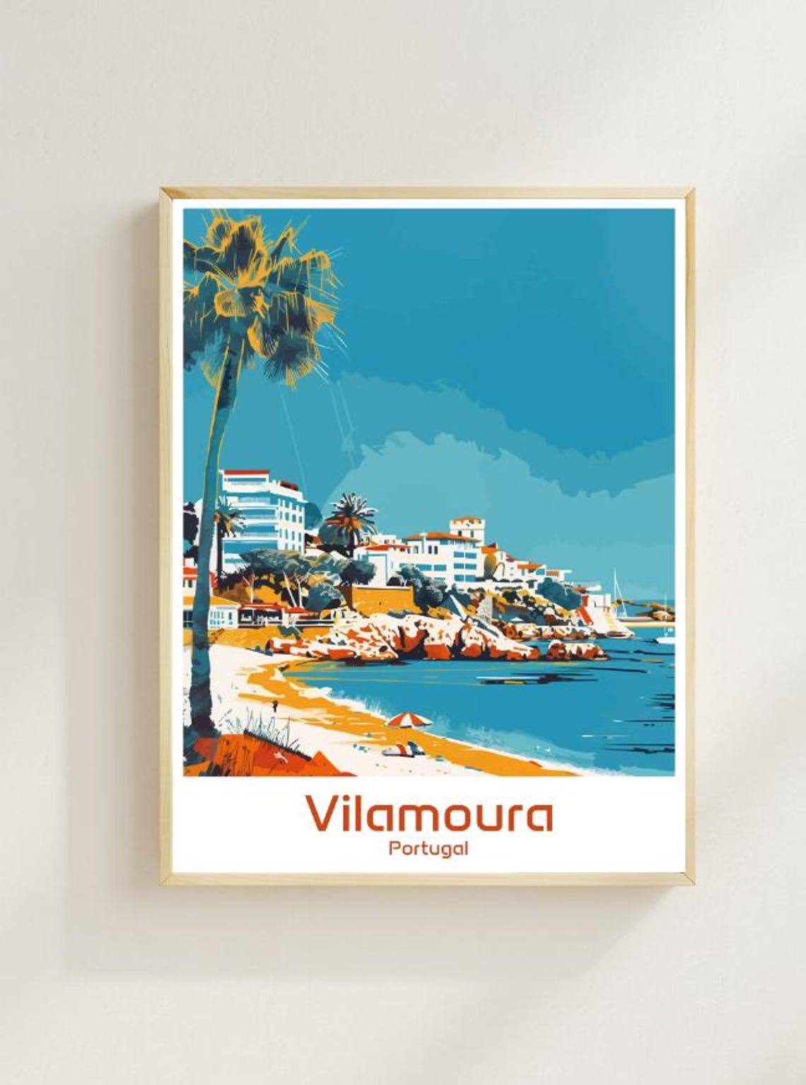 Vilamoura Portugal Marina Beach Cliffs Vintage Travel Poster