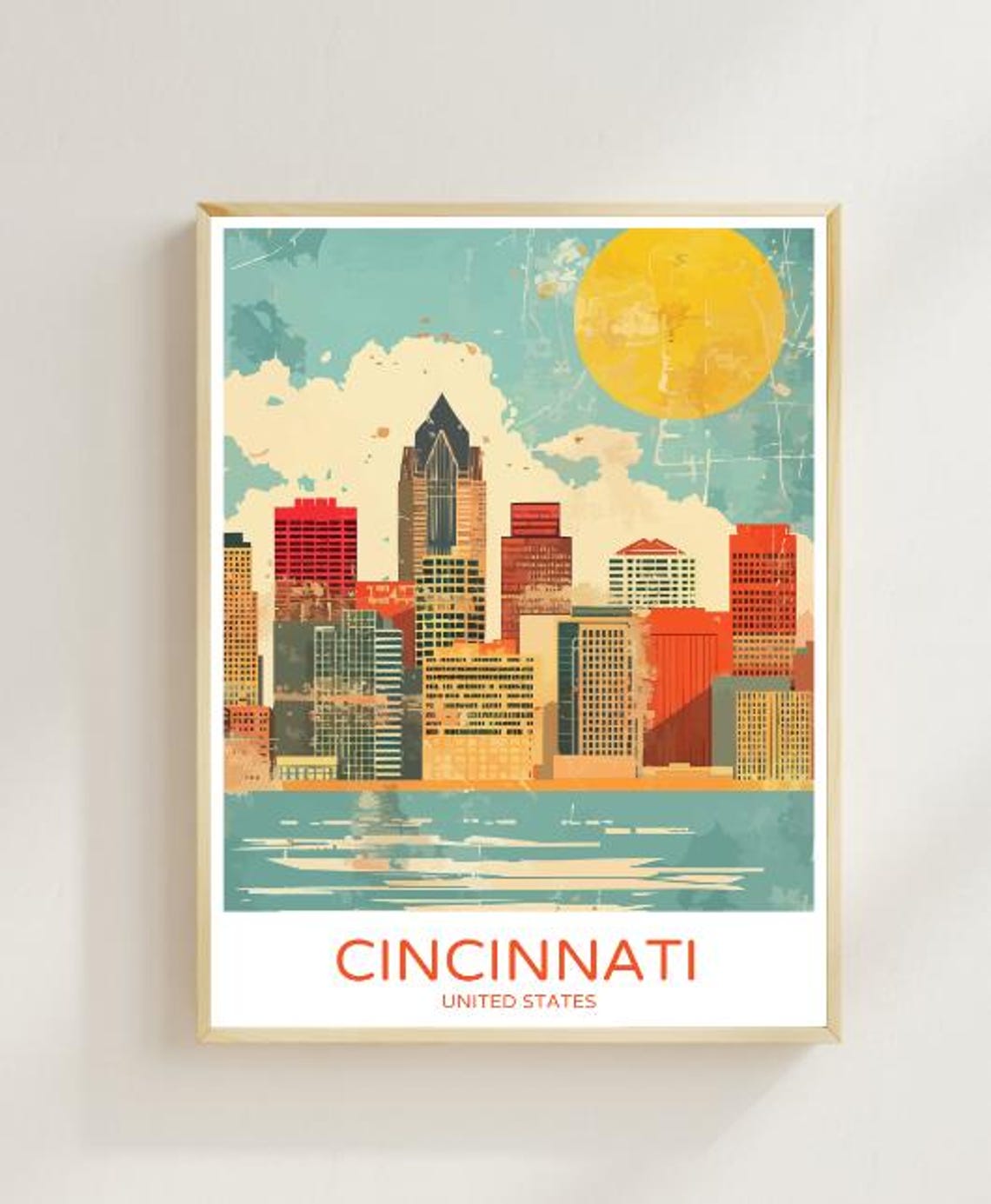 Retro Cincinnati Ohio Skyline Poster With Bold Sun Over City Buildings