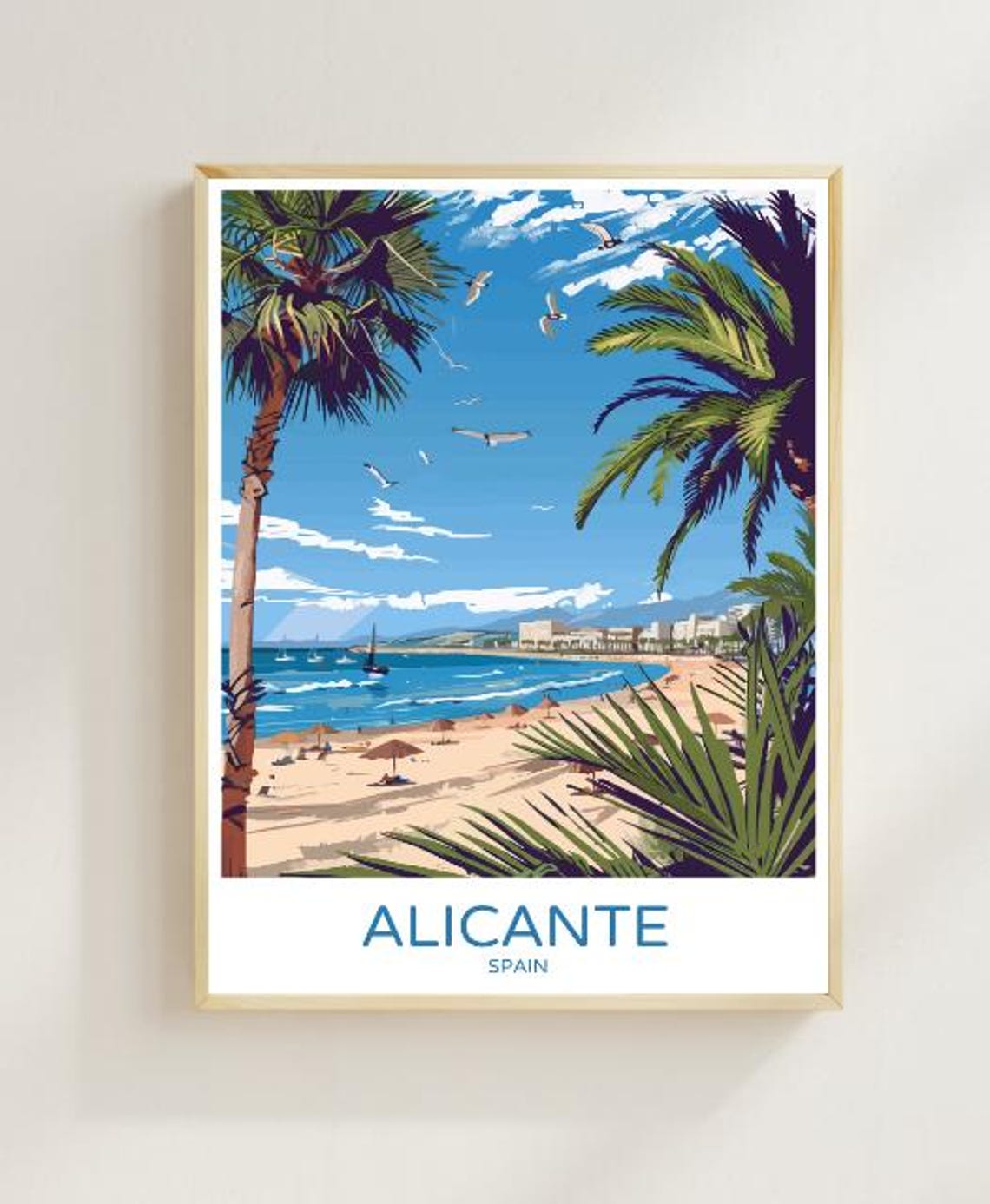 Alicante Spain Palm Framed Beachfront and City Travel Poster
