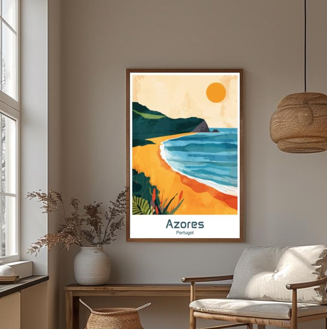 Azores Portugal Golden Beach Sunset Coastal Illustration Poster - Image 4