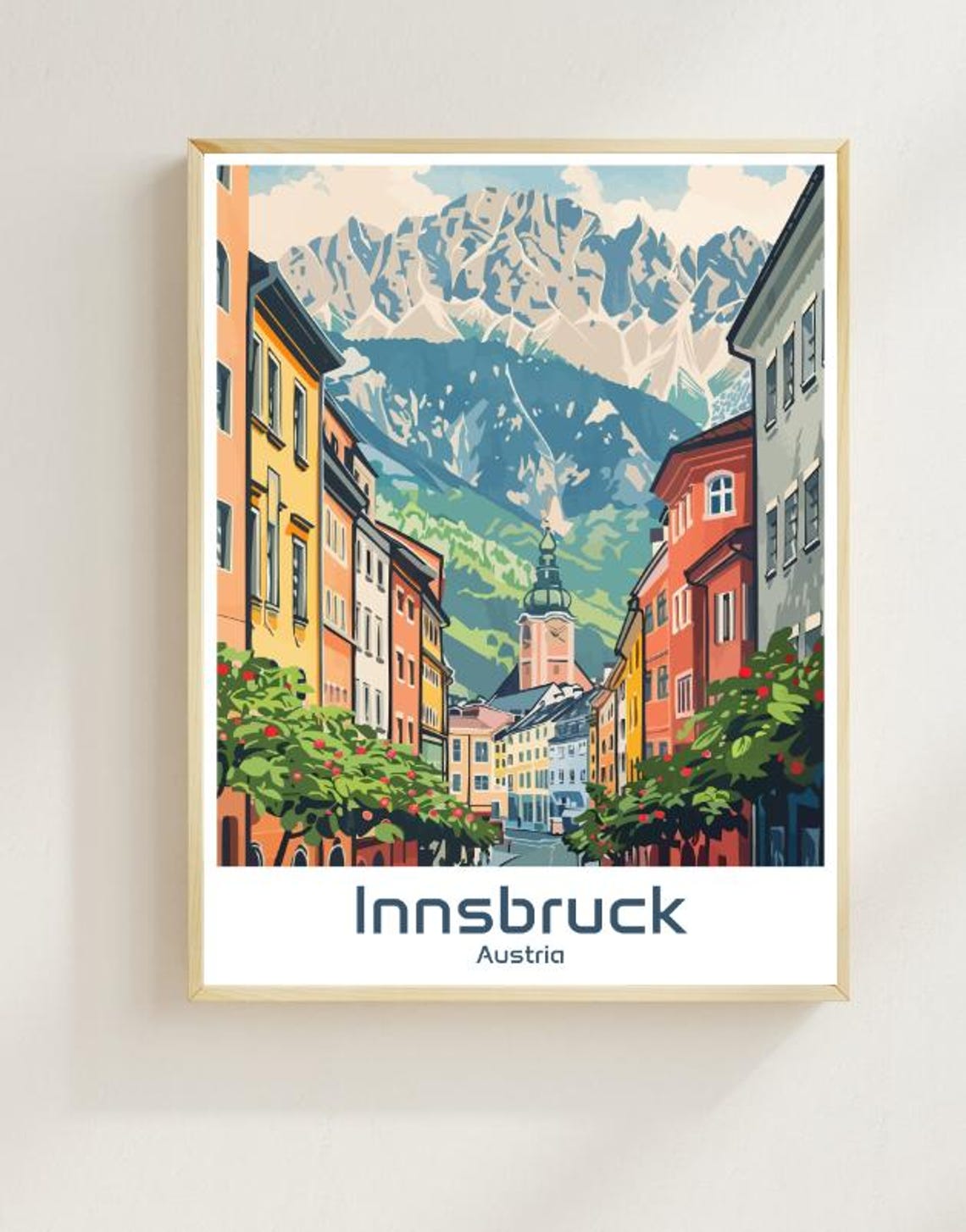 Innsbruck Austria Old Town Street With Towering Alpine Peaks Poster
