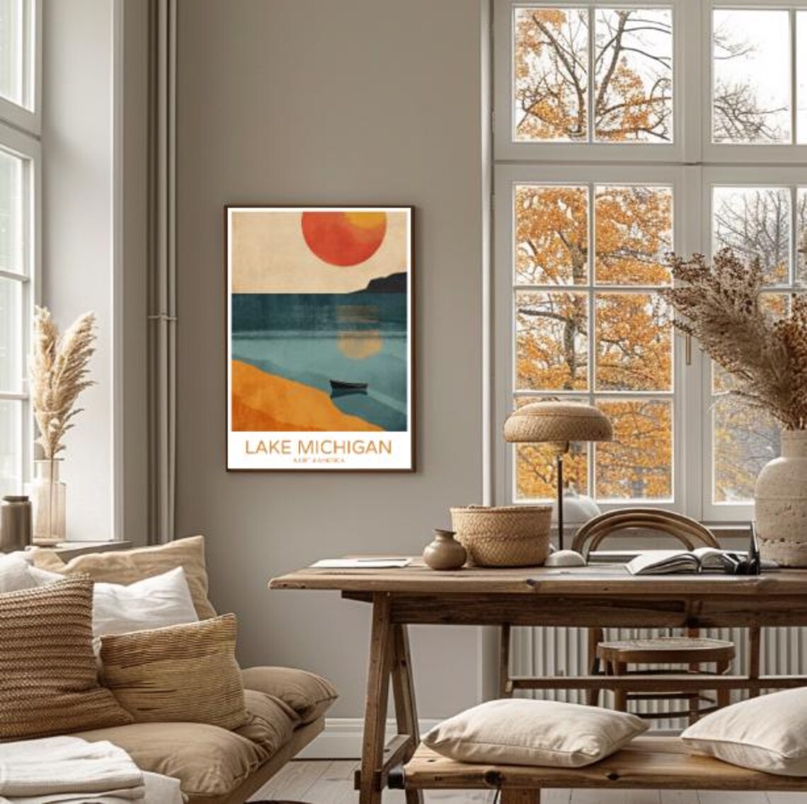 Golden Lake Michigan Sunset Boat Shoreline Nature Travel Poster - Image 4