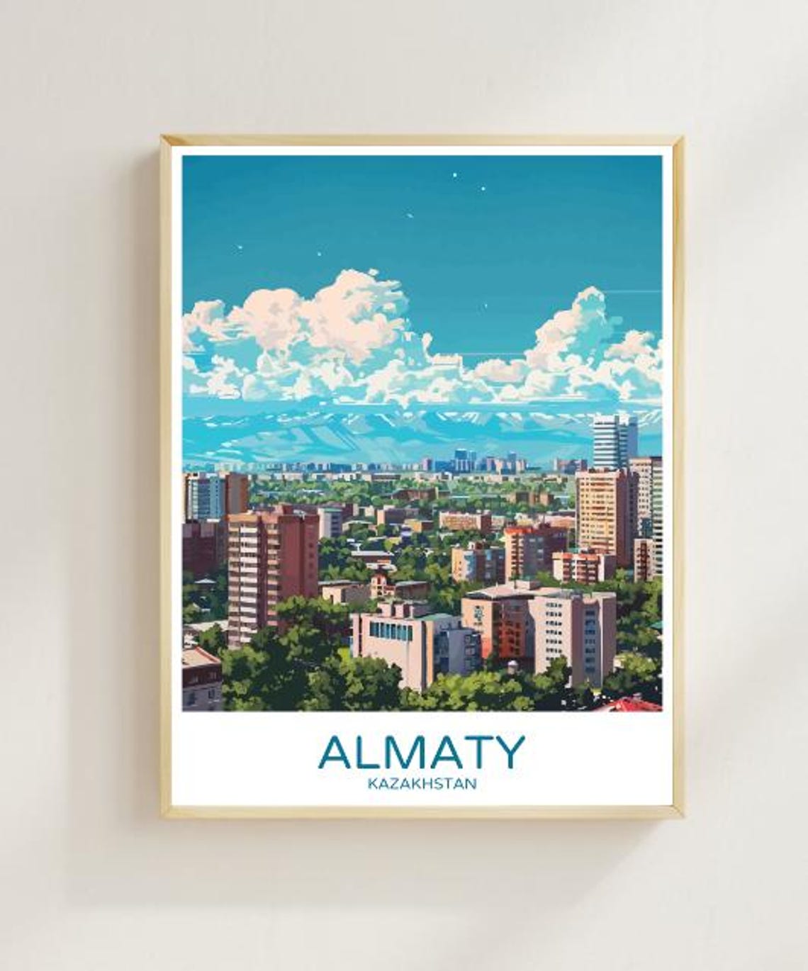Almaty Kazakhstan Cityscape Mountain View Modern Travel Poster