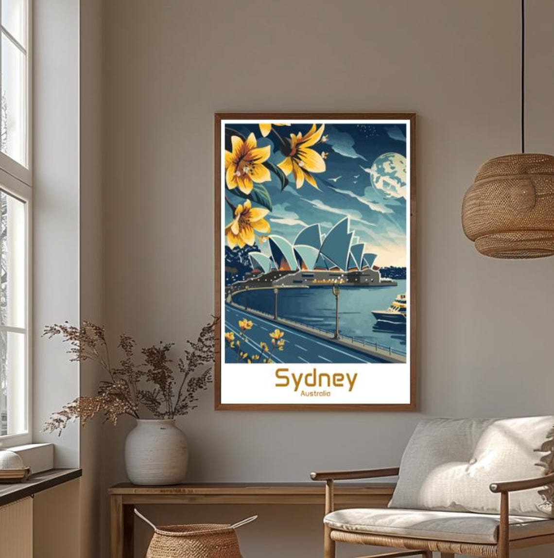 Sydney Australia Opera House Night Moon Harbour Floral Poster - Image 4