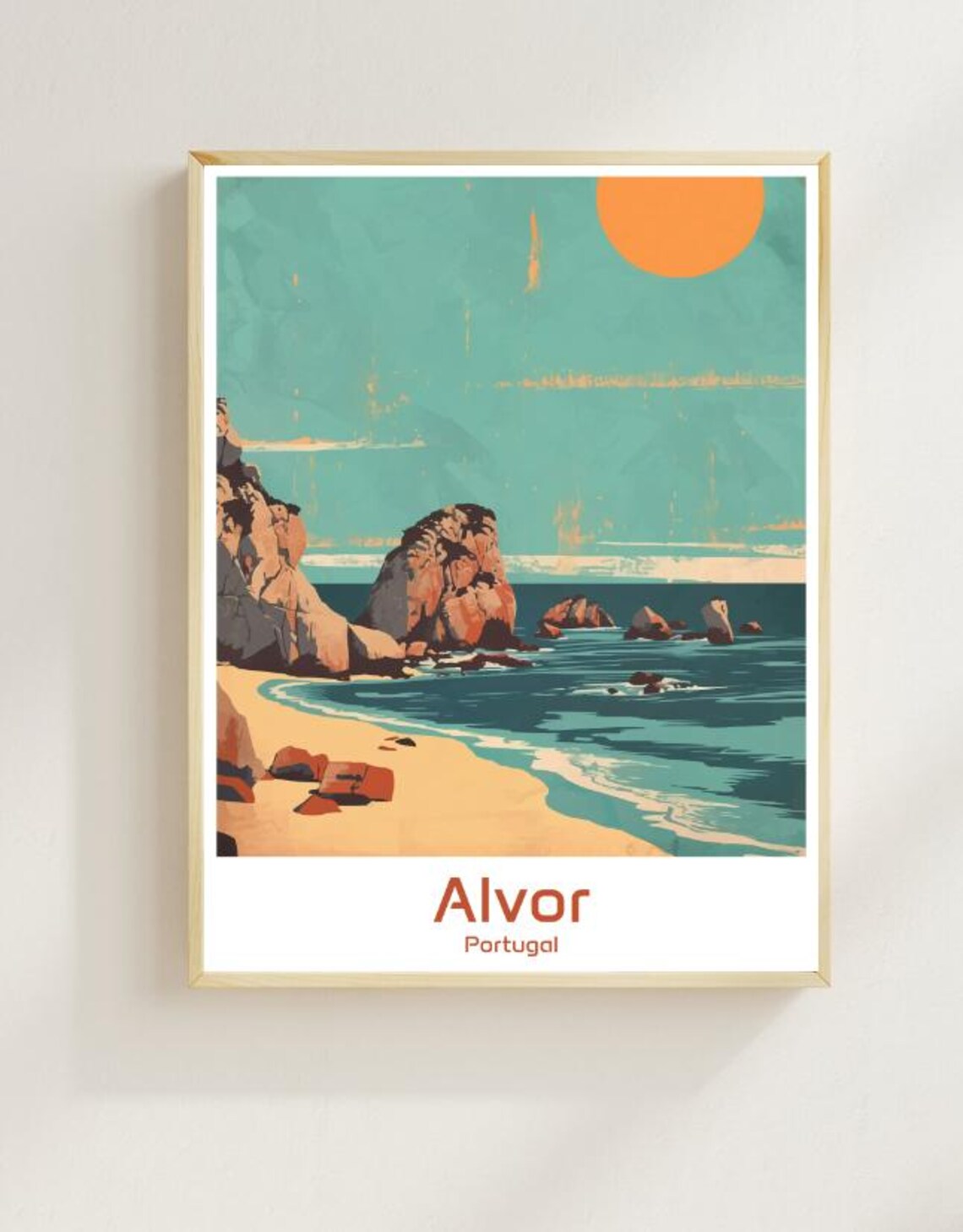 Alvor Portugal Algarve Beach Sea Stacks Golden Sunset Travel Poster