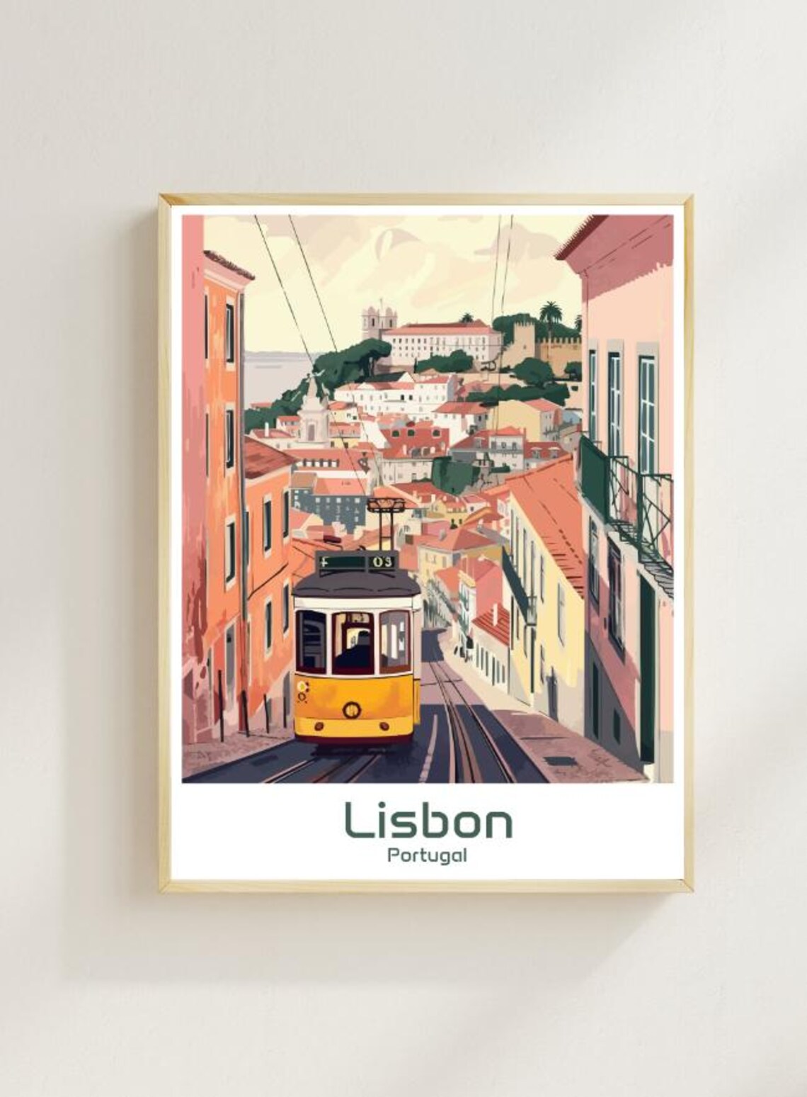 Lisbon Portugal Yellow Tram Hillside Street Vintage Style Poster
