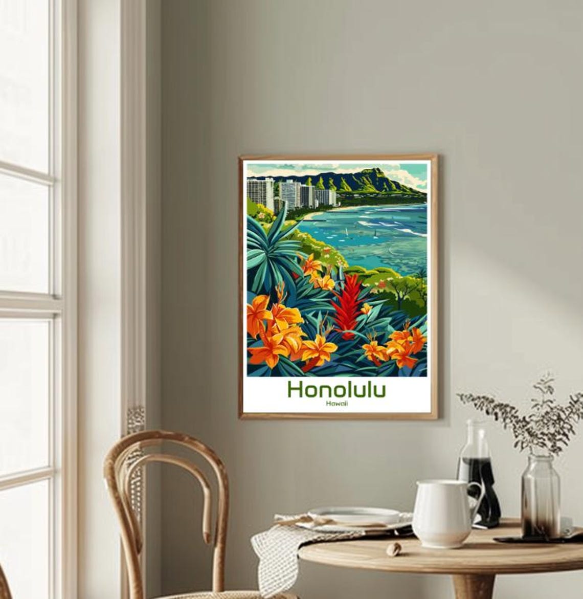 Honolulu Hawaii Waikiki Beach and Diamond Head Travel Poster - Image 2