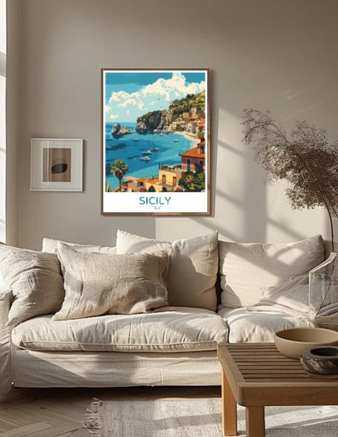 Sicily Italy Coastal Town Cliffs and Anchored Boats Scene Poster - Image 2