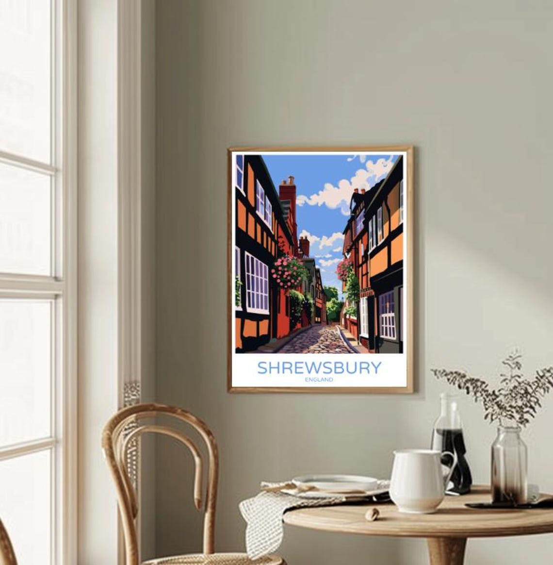 Shrewsbury England Historic Cobbled Street Tudor Travel Poster - Image 2