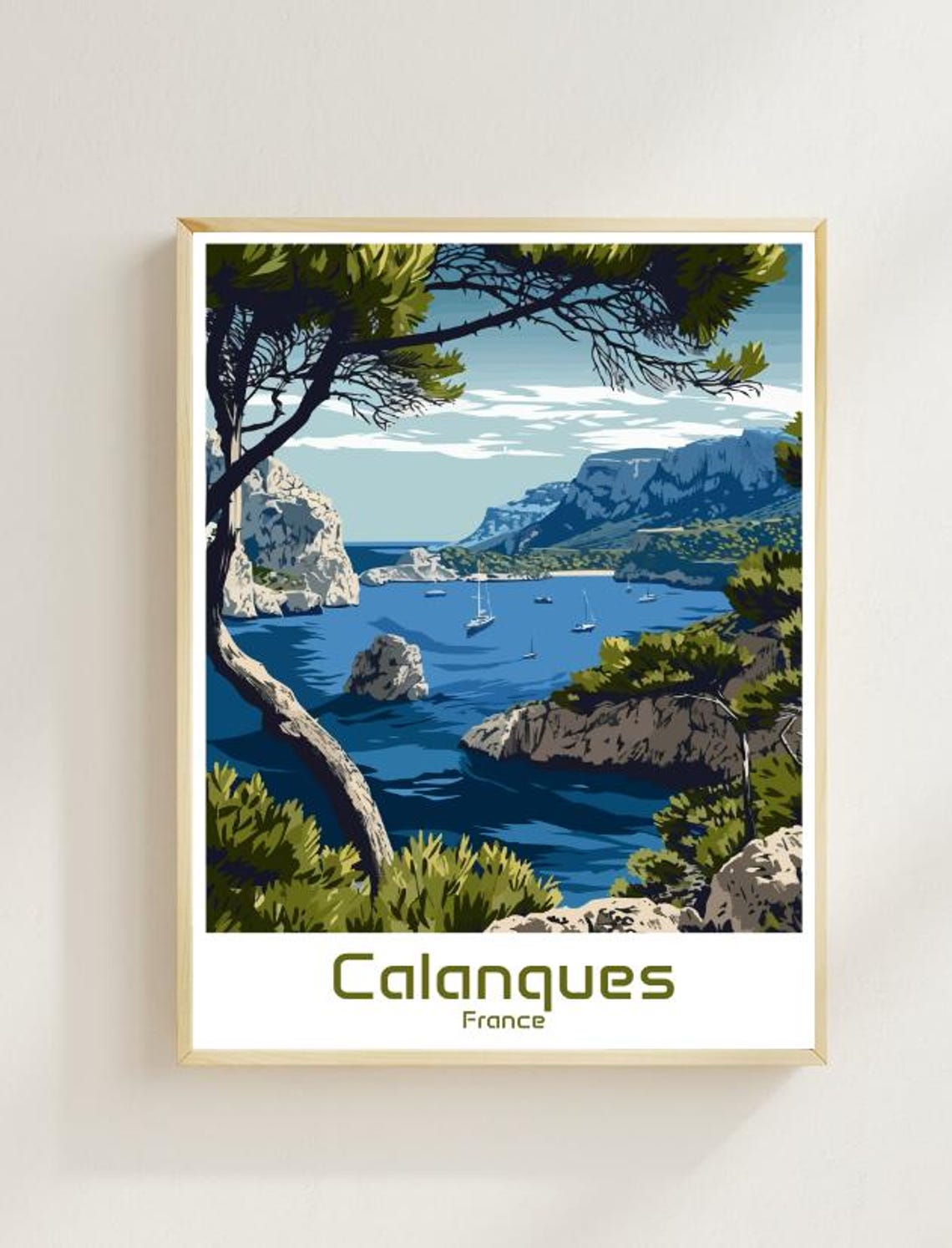 Calanques France Rocky Inlet Sailboats Pine Framed Cove Poster