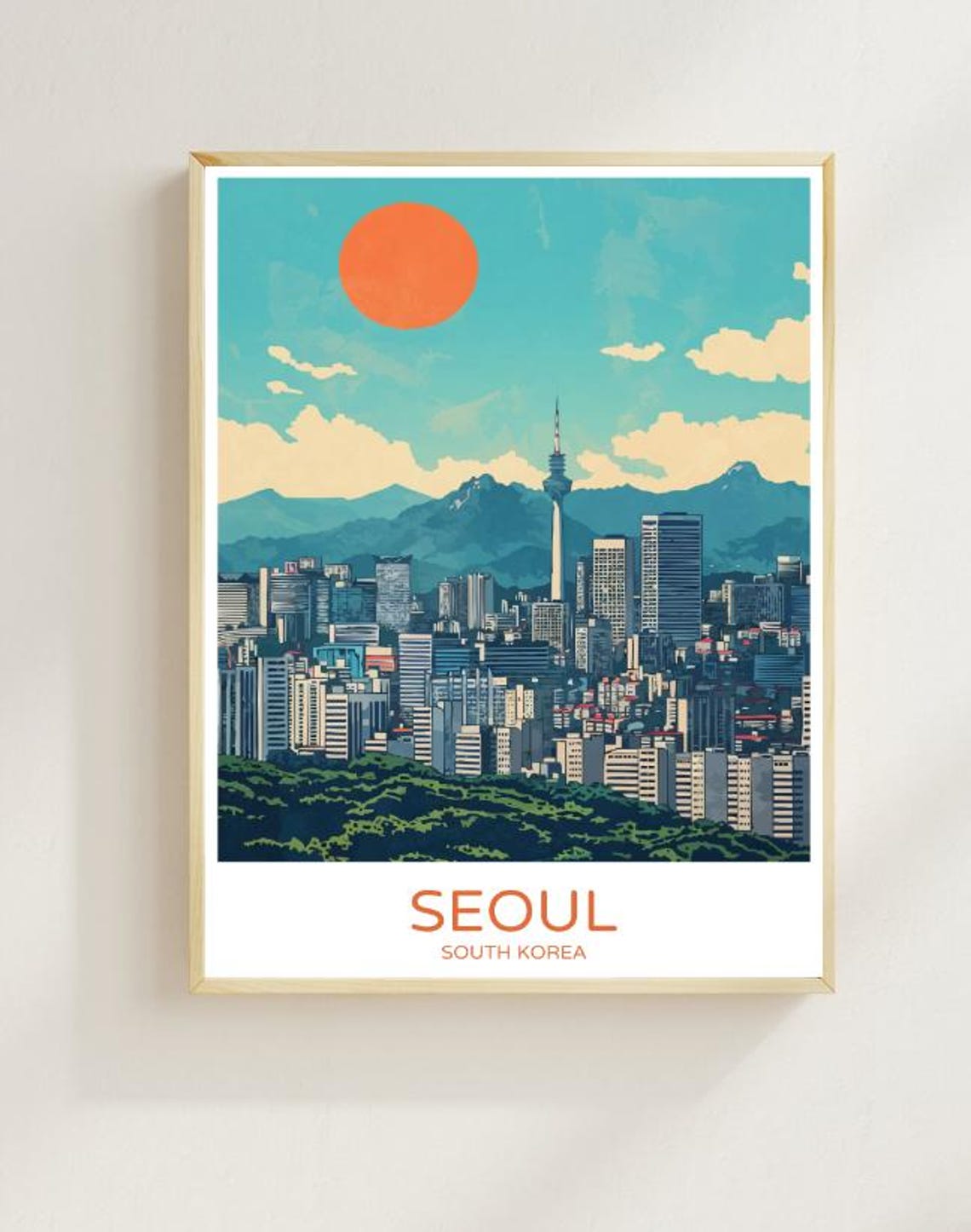 Retro Seoul City Skyline With Tower Under Orange Sun Travel Poster