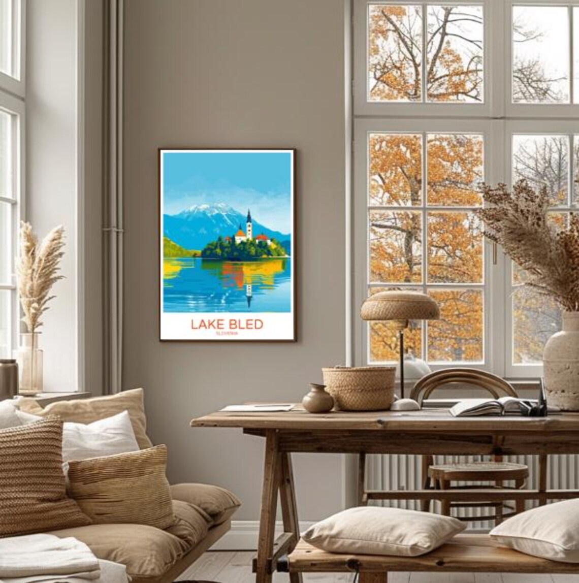 Lake Bled Slovenia Travel Poster with the Island Church and Alps View - Image 4