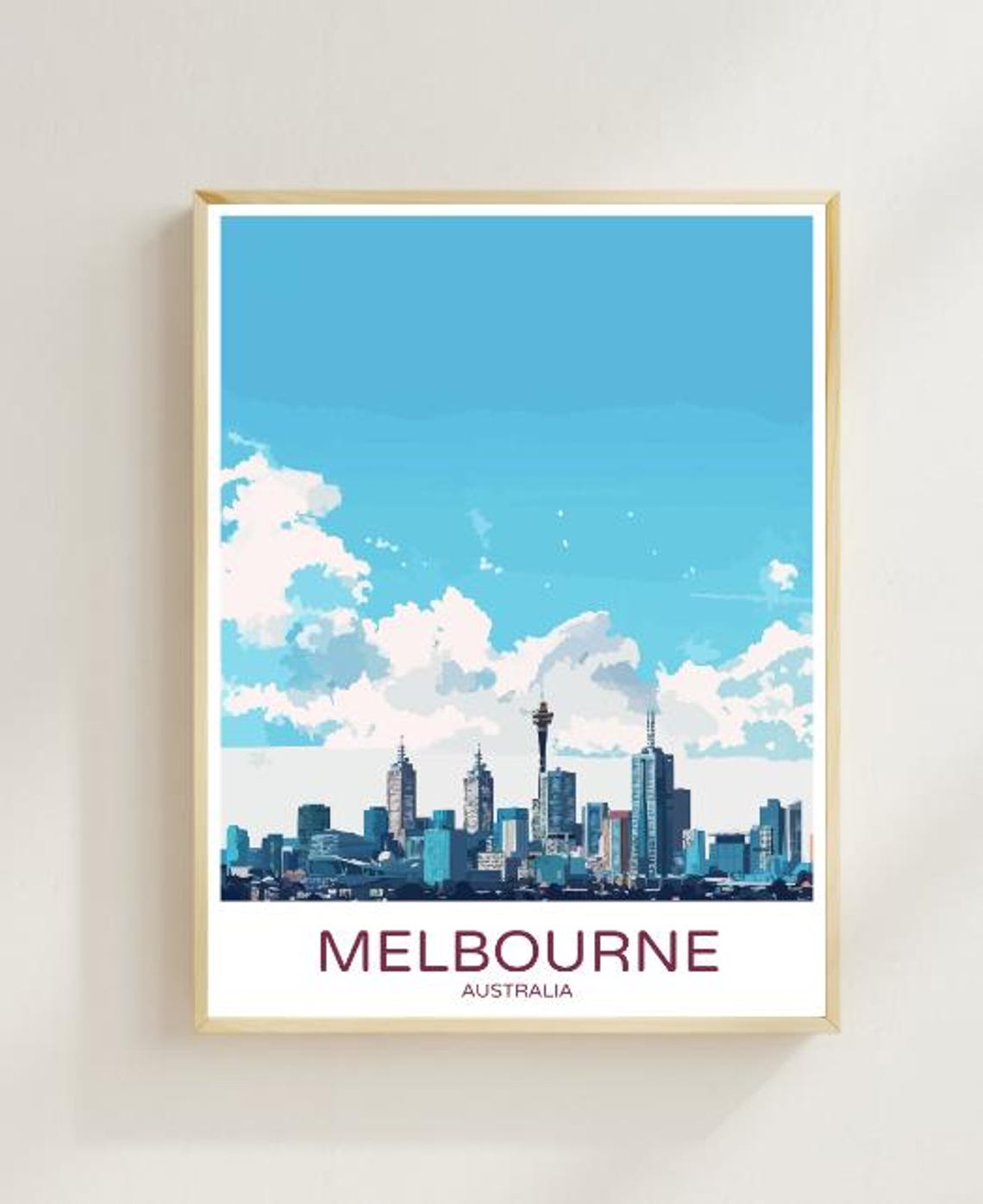 Melbourne Australia Modern Skyline Blue Clouds Cityscape Travel Poster