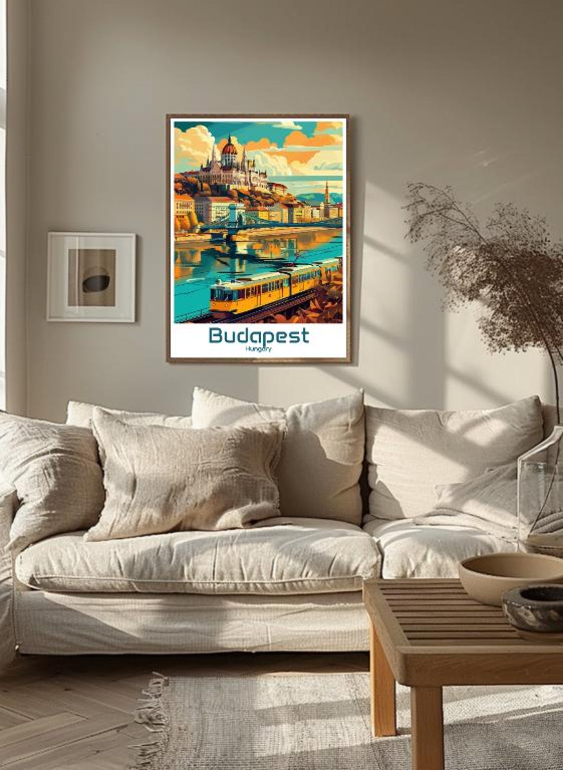 Budapest Hungary Parliament Building And Yellow Tram Vintage Poster - Image 3