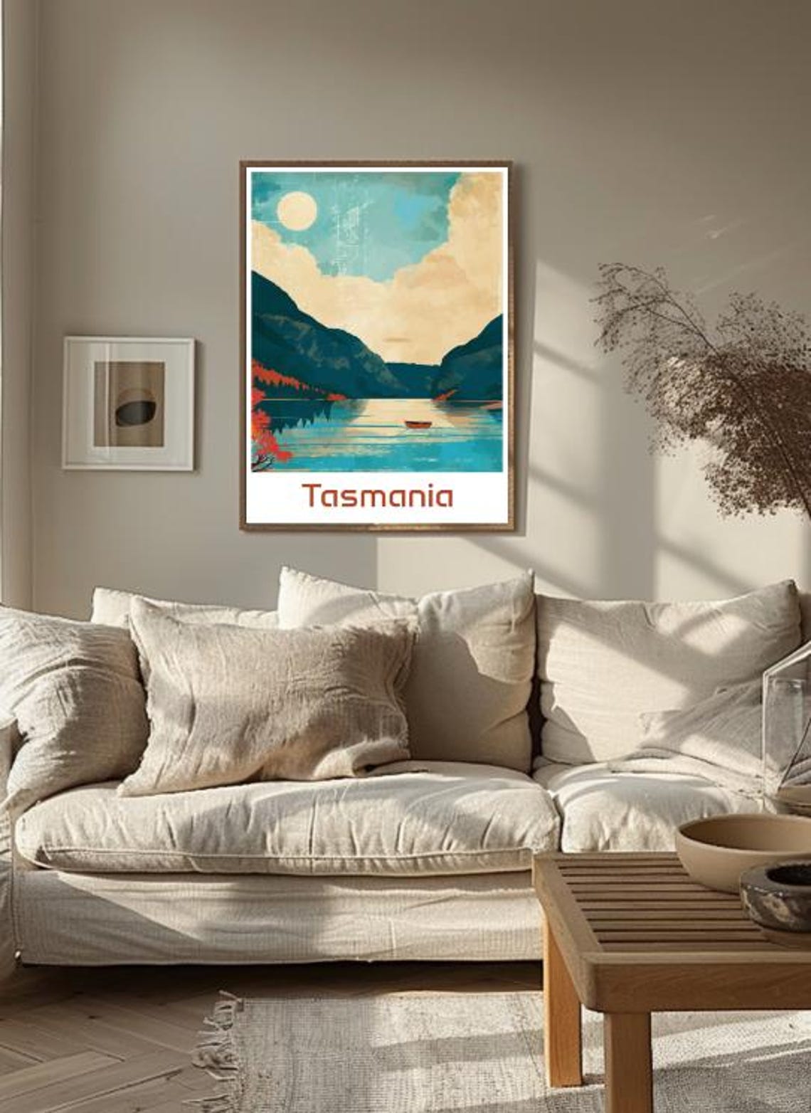 Tasmania Wilderness Lake Red Canoe Mountain Reflection Poster - Image 3