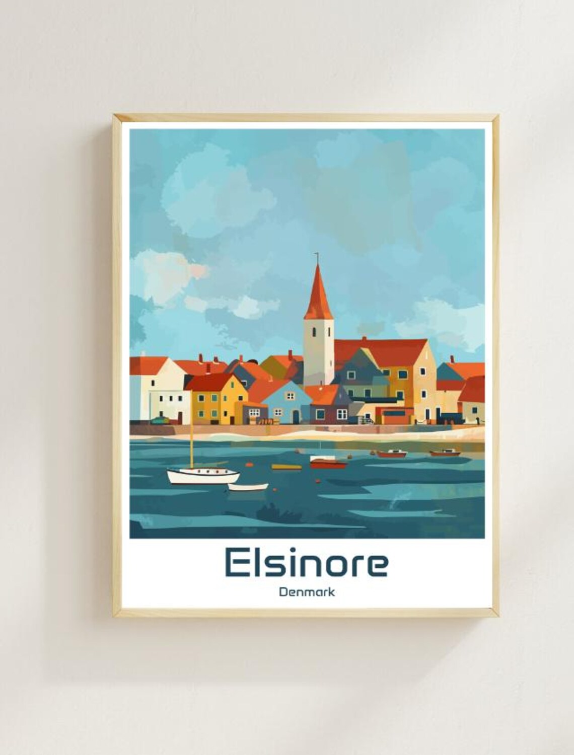 Elsinore Denmark Coastal Town Church Spire Boats Calm Water Poster