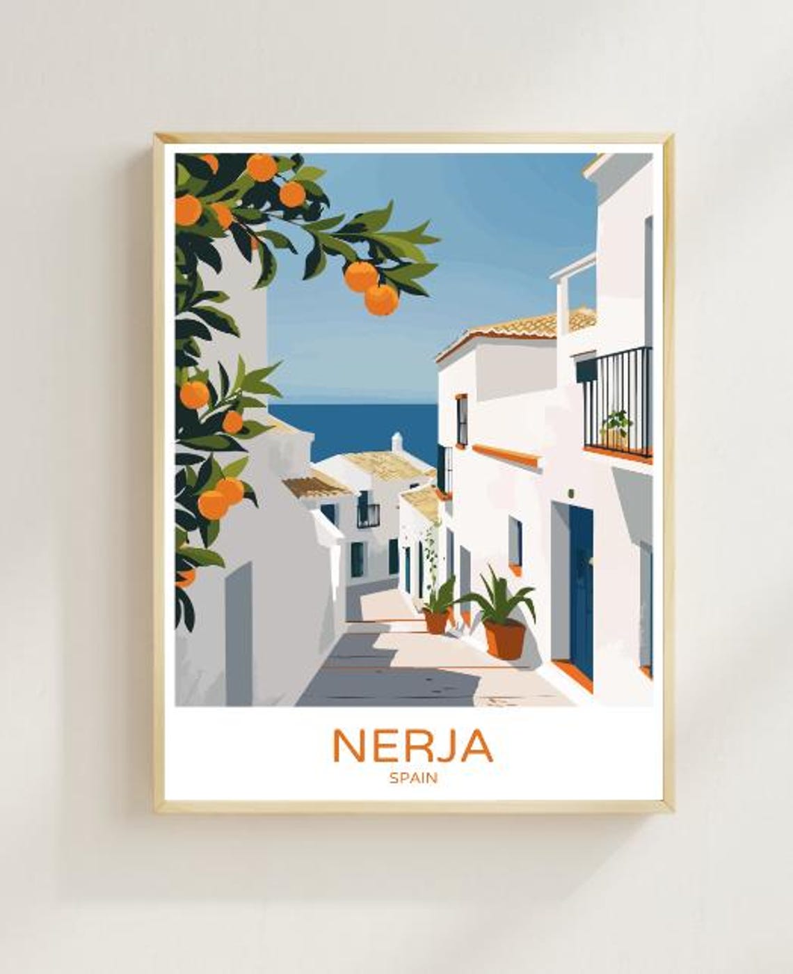 Nerja Spain Whitewashed Alley Orange Tree Mediterranean View Poster