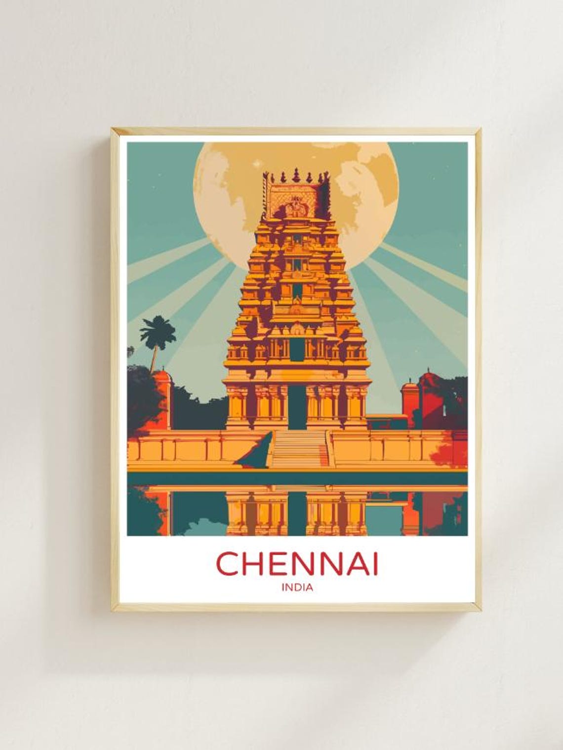 Chennai India Golden Temple Tower Moonlit Water Reflection Art Poster